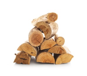 Photo of Pile of cut firewood isolated on white