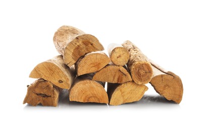 Photo of Pile of cut firewood isolated on white
