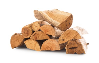 Photo of Pile of cut firewood isolated on white