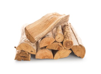 Photo of Pile of cut firewood isolated on white