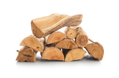 Photo of Pile of cut firewood isolated on white