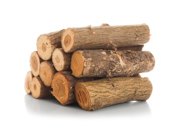 Photo of Pile of cut firewood isolated on white