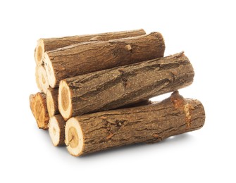 Photo of Pile of cut firewood isolated on white
