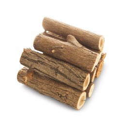 Photo of Pile of cut firewood isolated on white