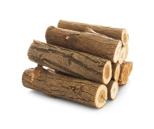 Photo of Pile of cut firewood isolated on white
