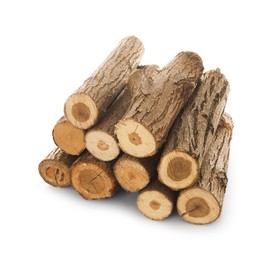 Photo of Pile of cut firewood isolated on white