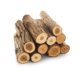 Photo of Pile of cut firewood isolated on white
