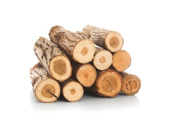 Photo of Pile of cut firewood isolated on white