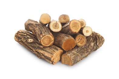 Photo of Pile of cut firewood isolated on white
