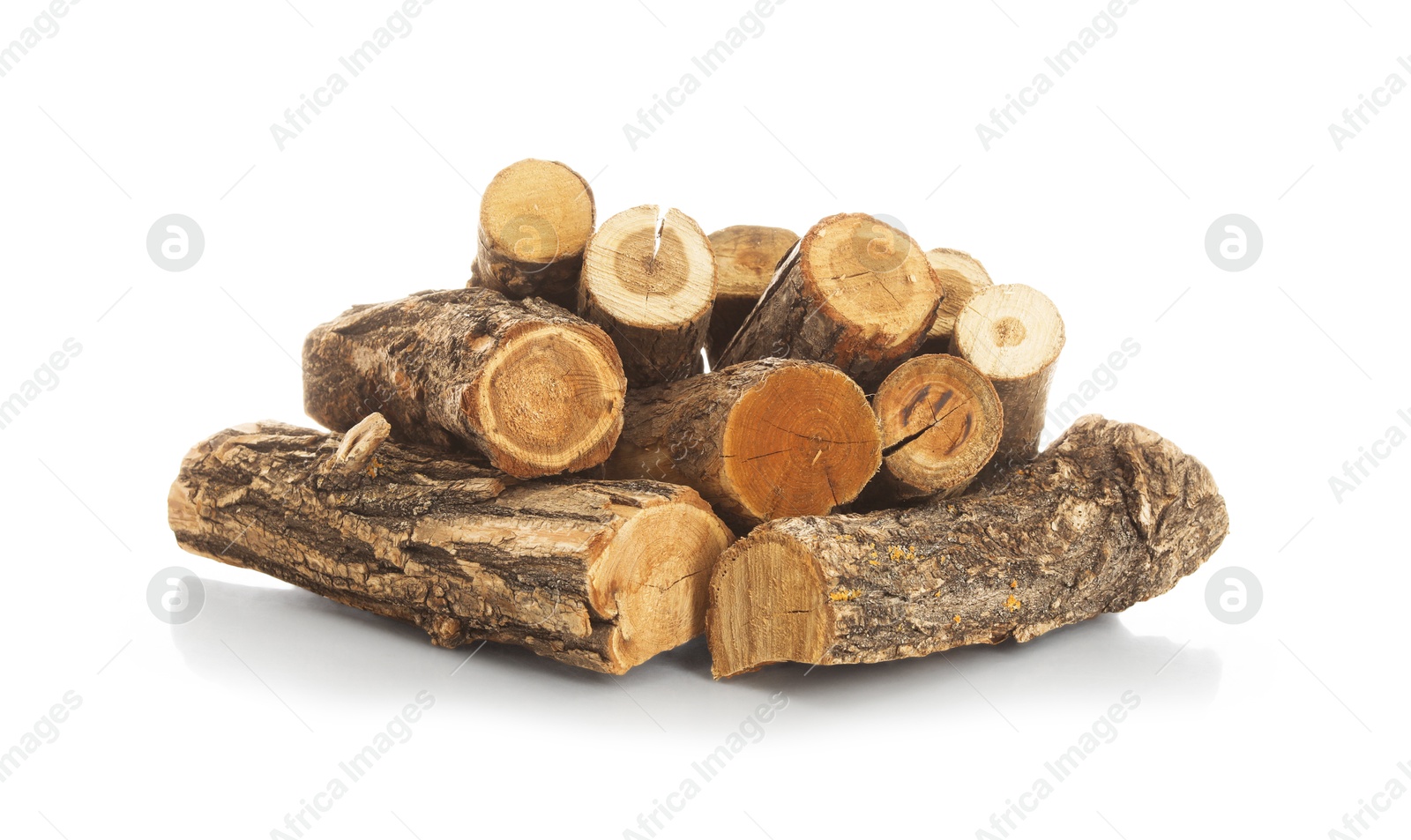 Photo of Pile of cut firewood isolated on white