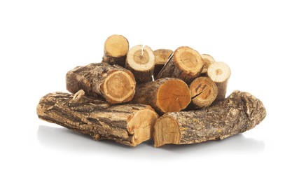 Photo of Pile of cut firewood isolated on white