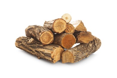 Photo of Pile of cut firewood isolated on white