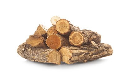 Photo of Pile of cut firewood isolated on white
