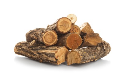 Photo of Pile of cut firewood isolated on white