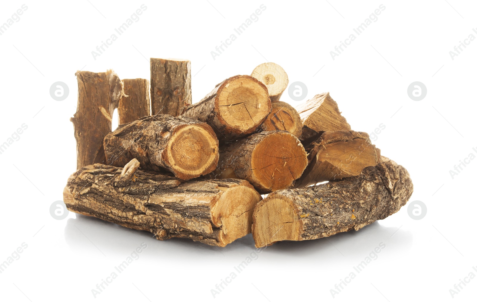 Photo of Pile of cut firewood isolated on white