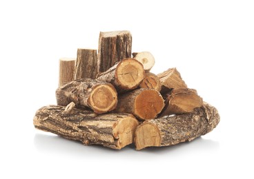 Photo of Pile of cut firewood isolated on white