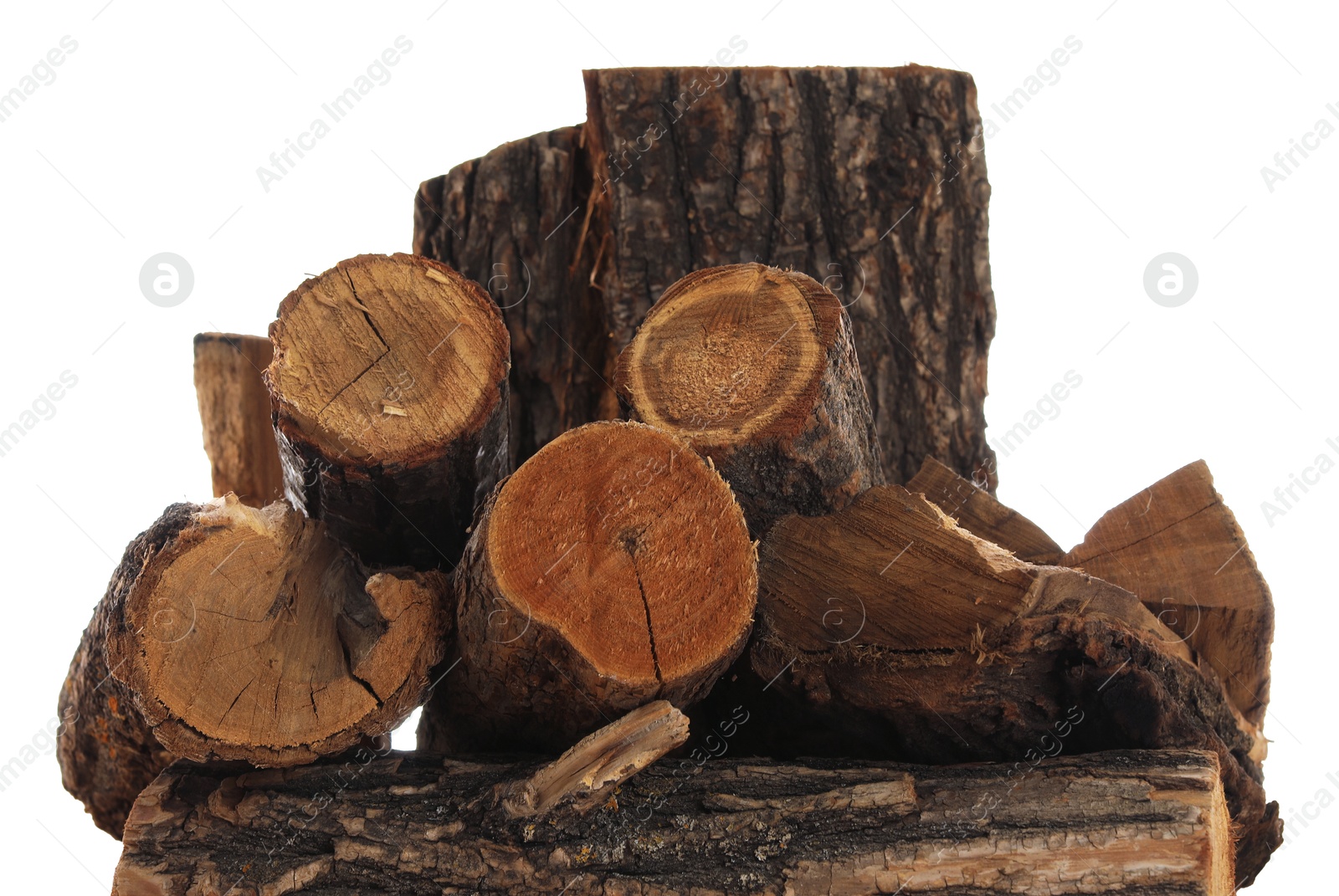 Photo of Pile of cut firewood isolated on white