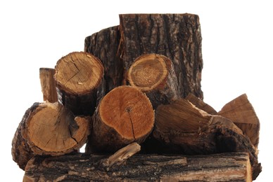 Photo of Pile of cut firewood isolated on white