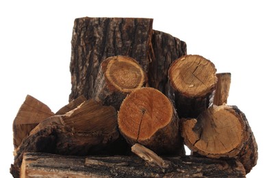 Photo of Pile of cut firewood isolated on white