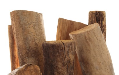 Photo of Pile of cut firewood isolated on white