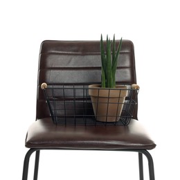 Photo of Bar stool and houseplant isolated on white. Used stuff