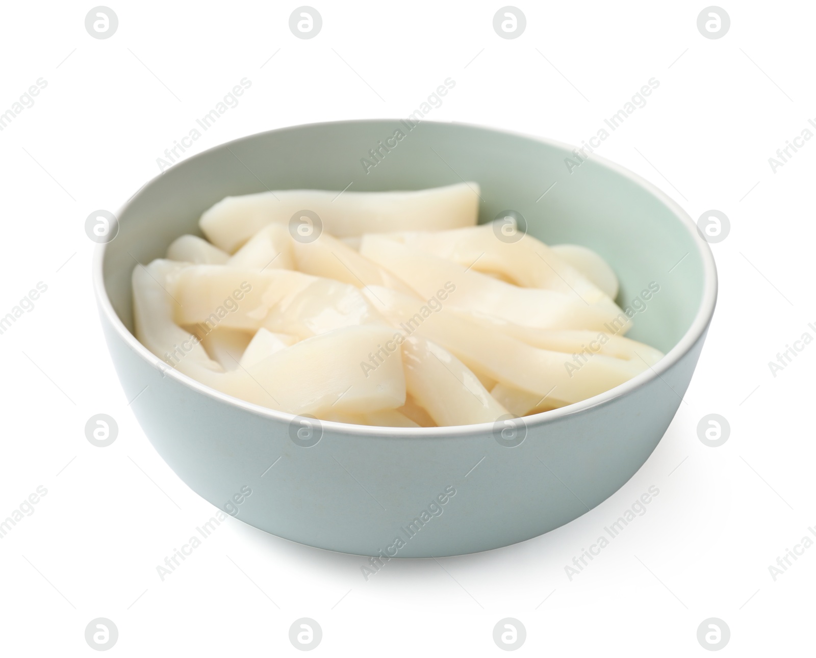 Photo of Uncooked squid rings in bowl isolated on white