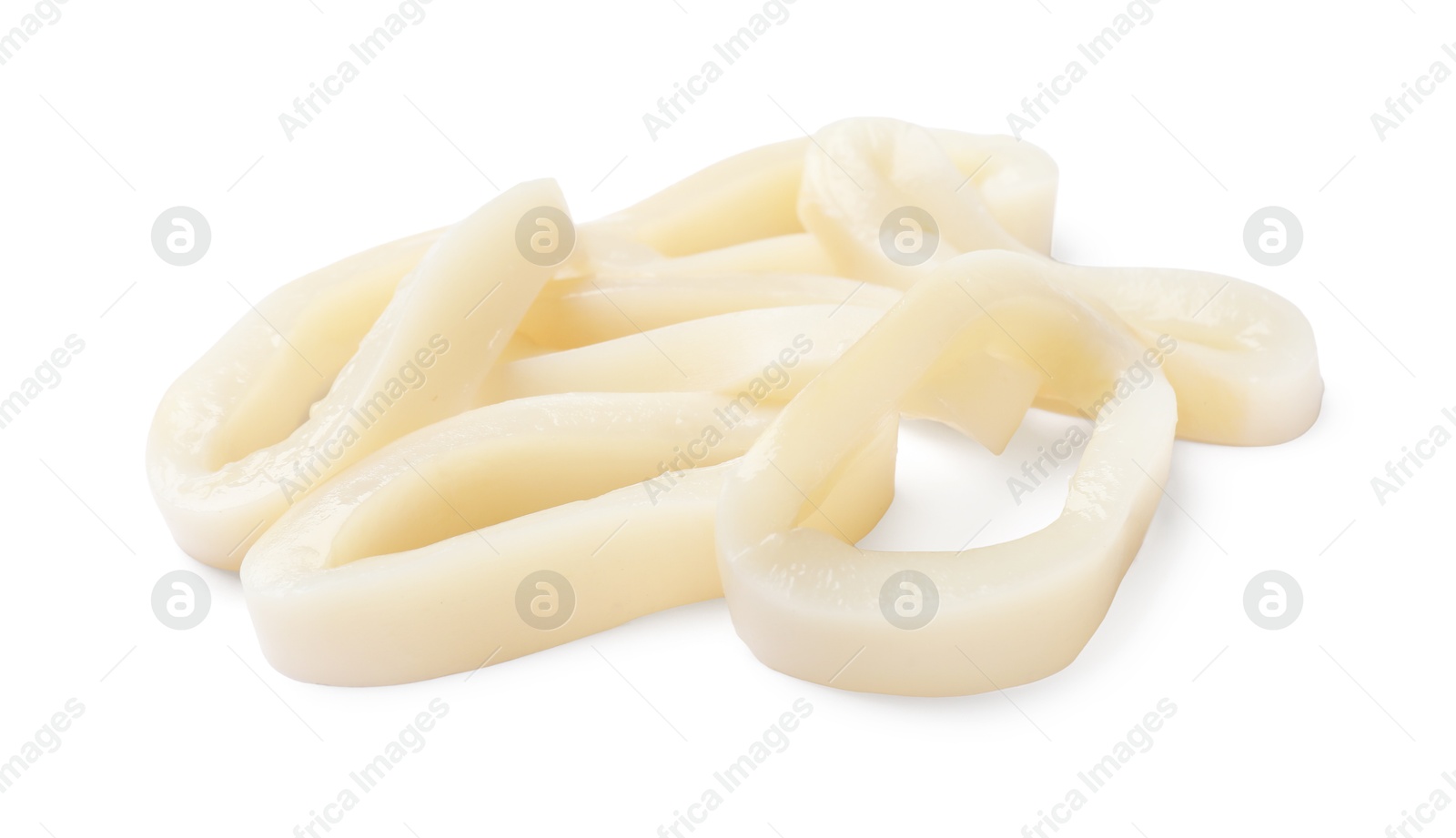 Photo of Many uncooked squid rings isolated on white