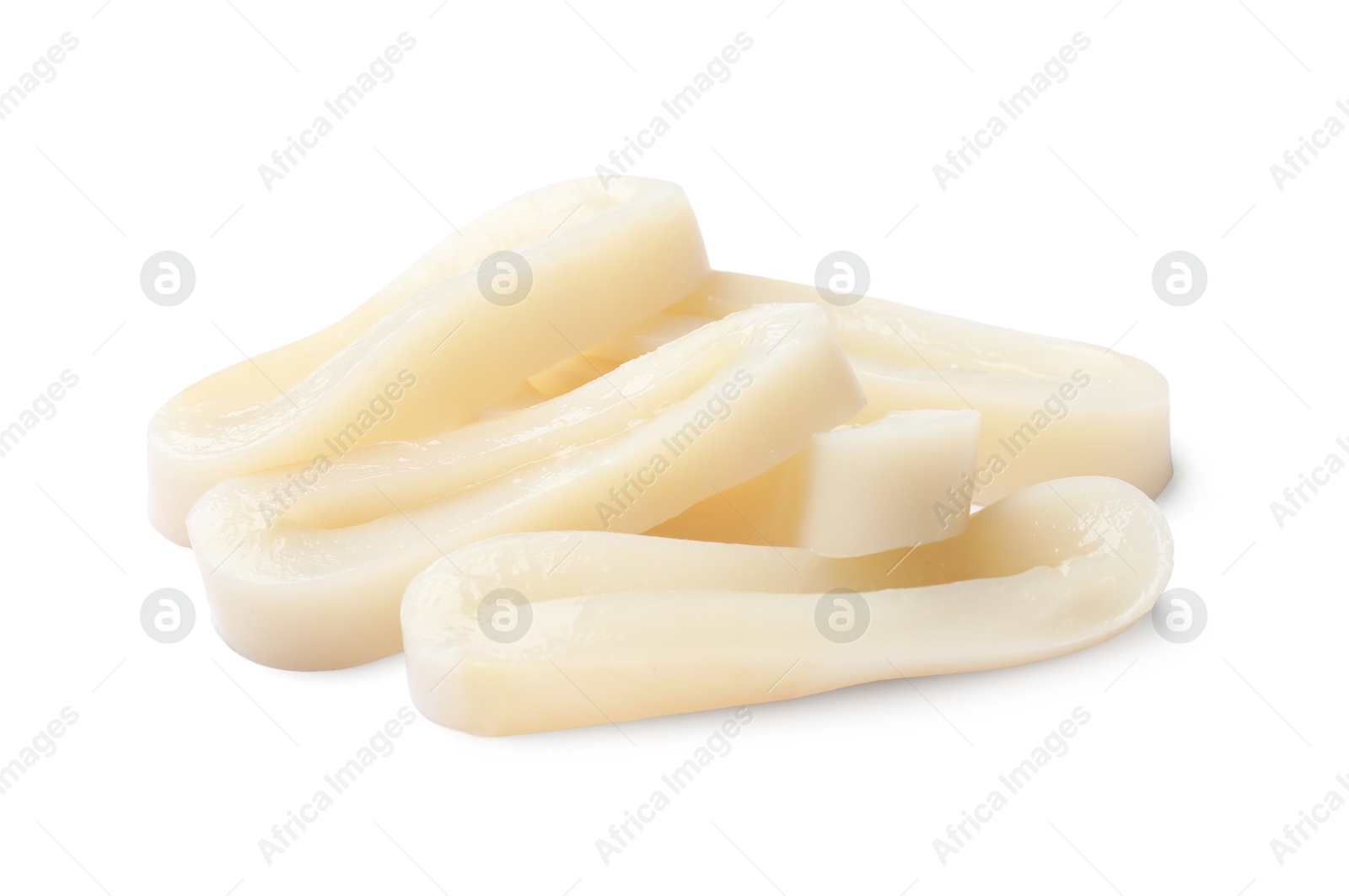 Photo of Many uncooked squid rings isolated on white
