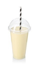 Photo of Tasty milkshake in plastic cup isolated on white