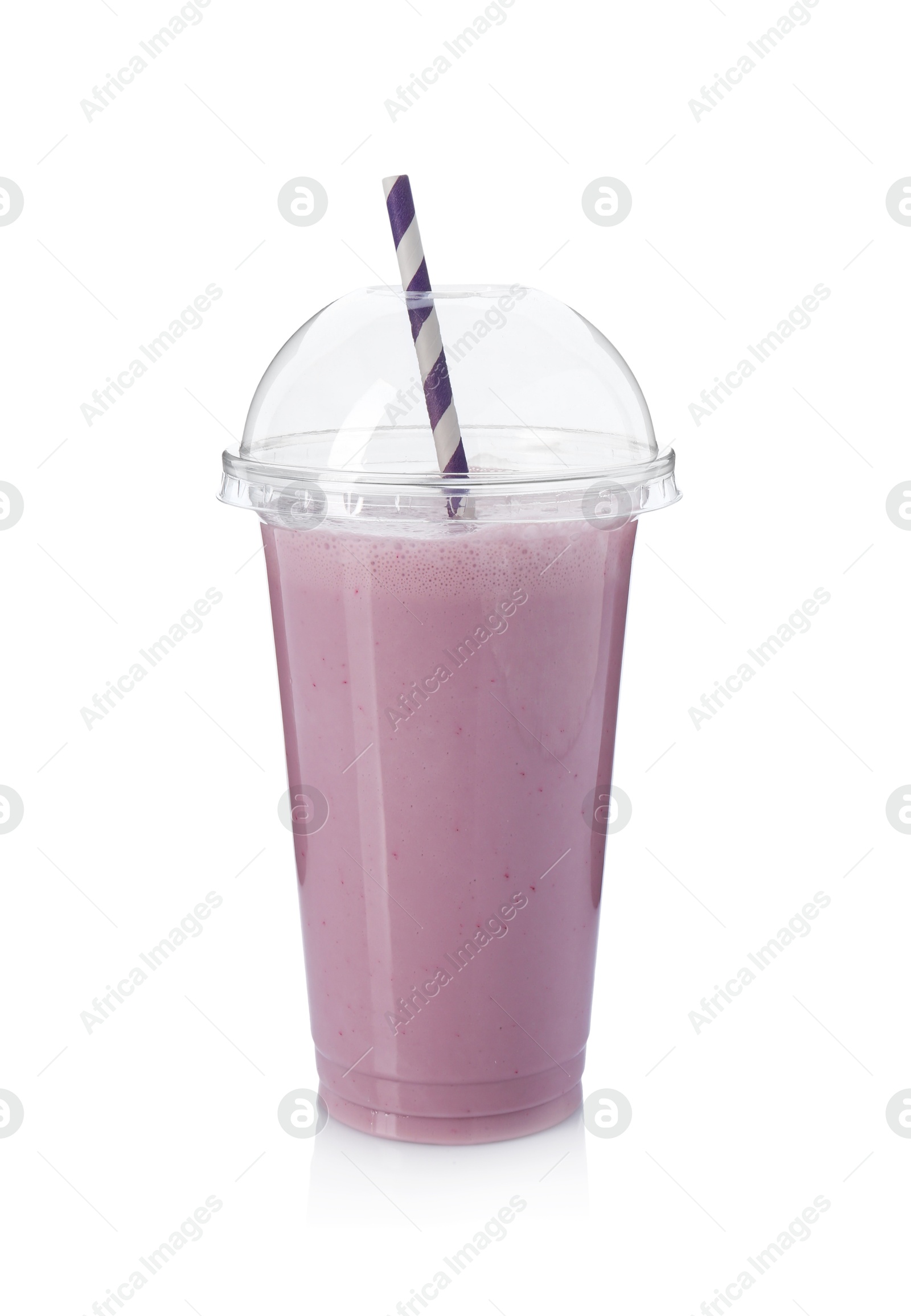 Photo of Tasty milkshake in plastic cup isolated on white