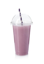 Photo of Tasty milkshake in plastic cup isolated on white