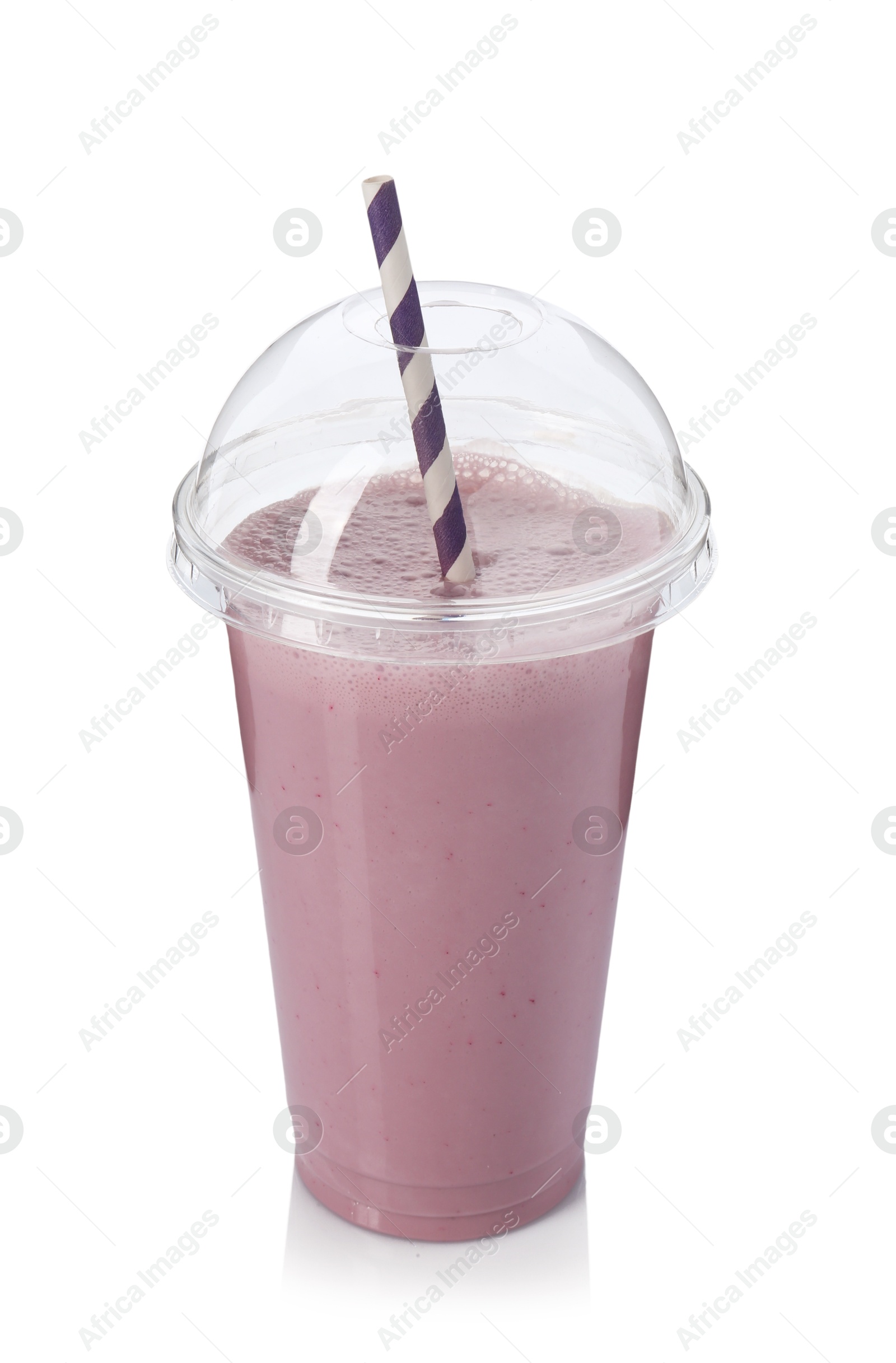 Photo of Tasty milkshake in plastic cup isolated on white