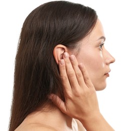 Photo of Sound. Woman touching her ear on white background