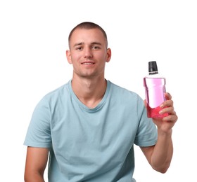 Photo of Man with bottle of mouthwash on white background