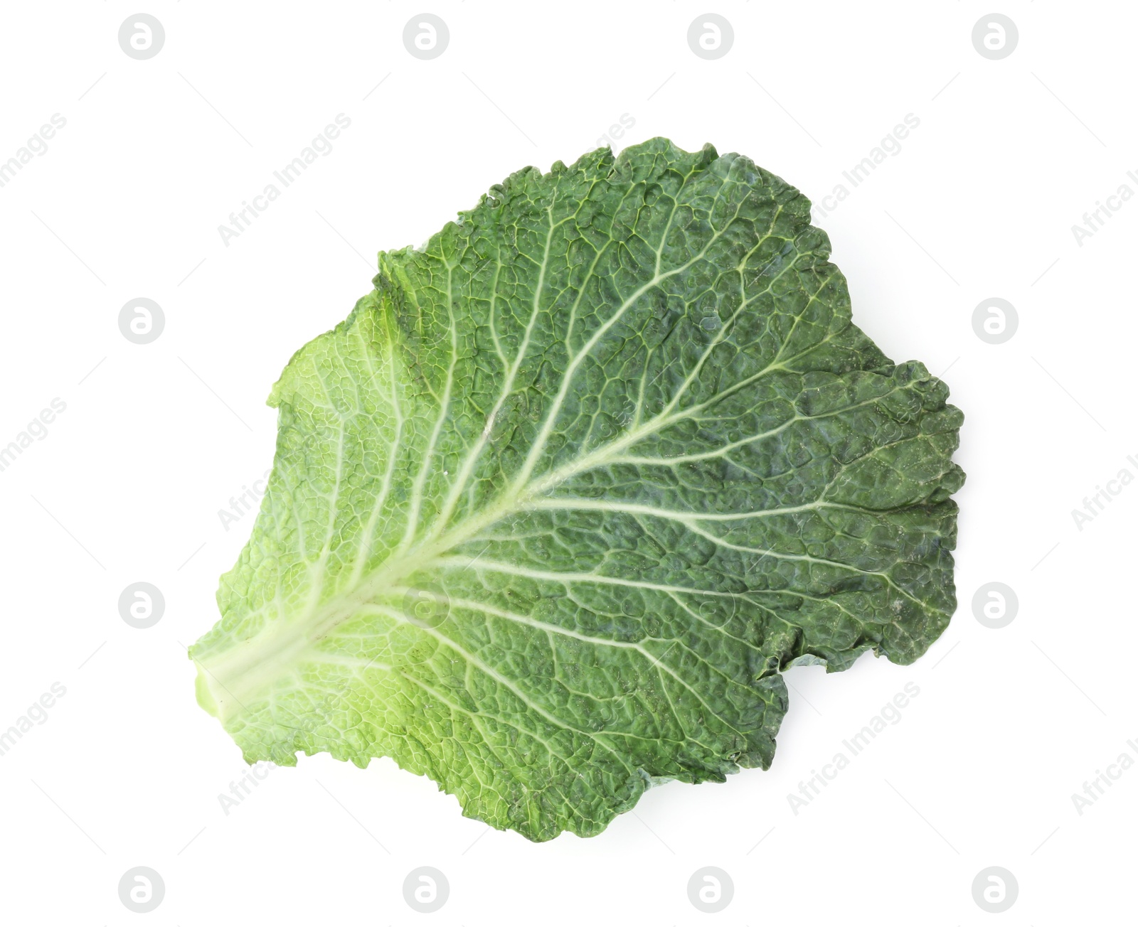 Photo of Fresh Savoy cabbage leaf isolated on white, top view