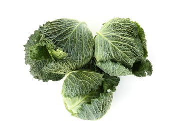 Photo of Fresh ripe Savoy cabbages isolated on white, top view
