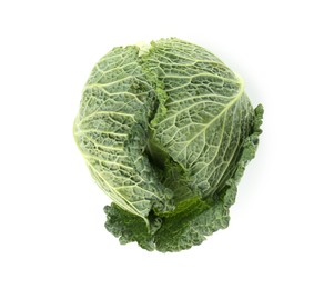 Photo of One fresh Savoy cabbage isolated on white, top view