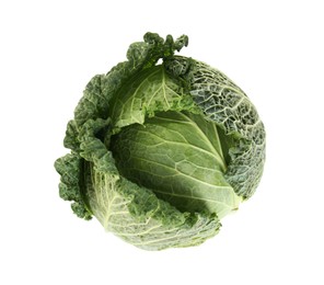 Photo of One fresh Savoy cabbage isolated on white, top view
