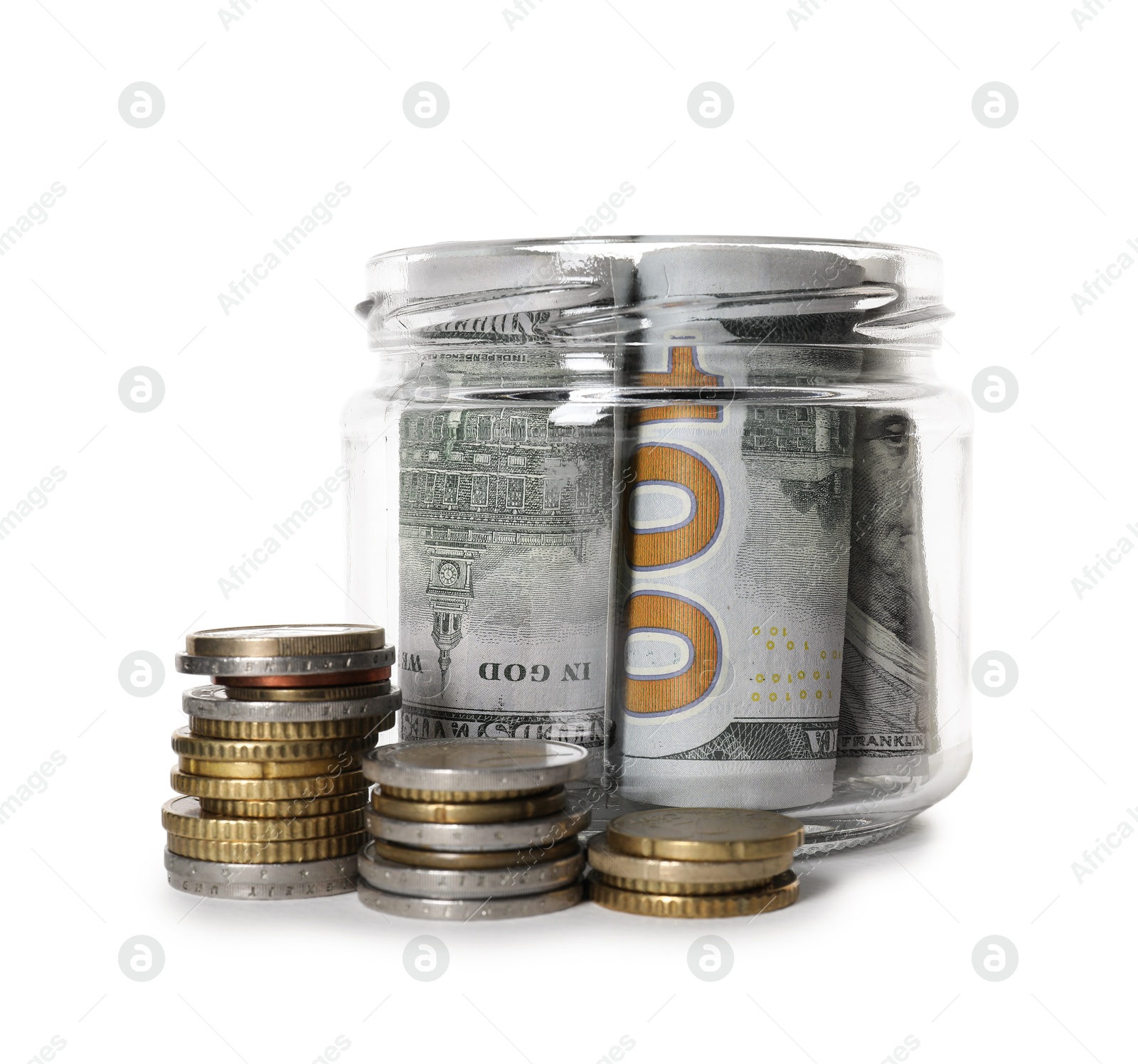 Photo of Glass jar with money isolated on white
