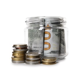 Photo of Glass jar with money isolated on white