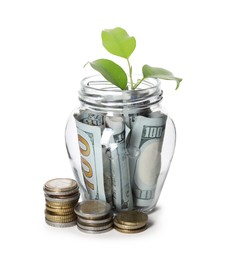 Photo of Glass jar with money and sprout isolated on white