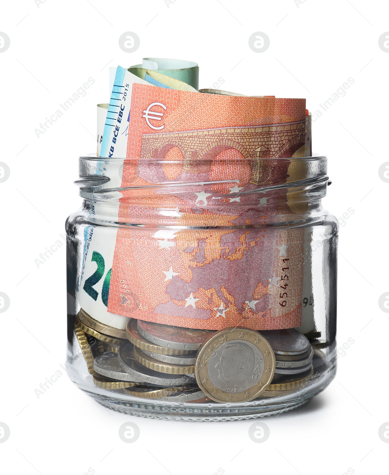 Photo of Glass jar with money isolated on white