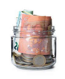 Photo of Glass jar with money isolated on white