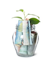 Photo of Glass jar with money and sprout isolated on white