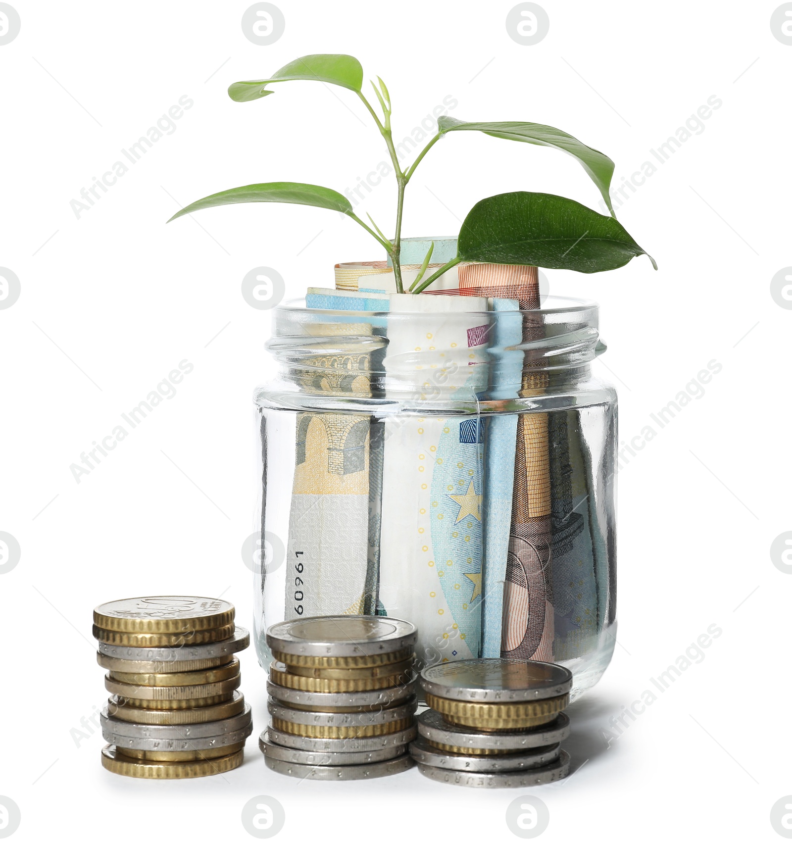 Photo of Glass jar with money and sprout isolated on white