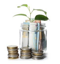 Photo of Glass jar with money and sprout isolated on white