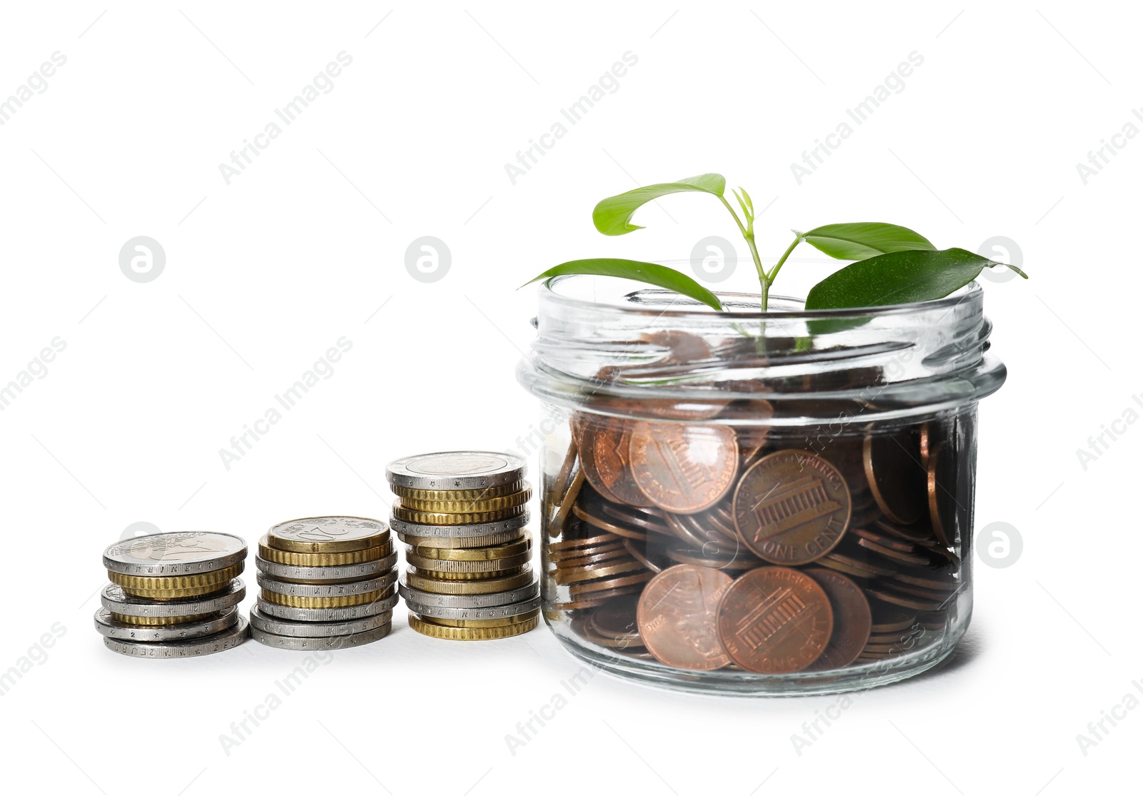Photo of Glass jar with money and sprout isolated on white