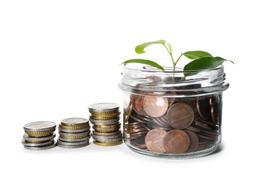 Photo of Glass jar with money and sprout isolated on white