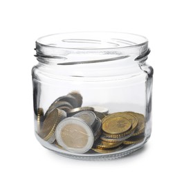 Photo of Glass jar with money isolated on white