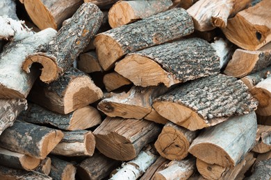 Photo of Pile of cut firewood outdoors, closeup view
